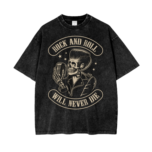 ROCK AND ROLL WILL NEVER DIE,T-SHIRT,WASHED